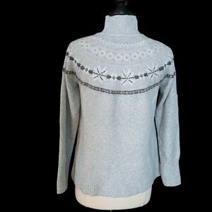 Tahari Fair Isle Sweater Nordic Mock Turtleneck Gray Sparkle Accent Size XS/S